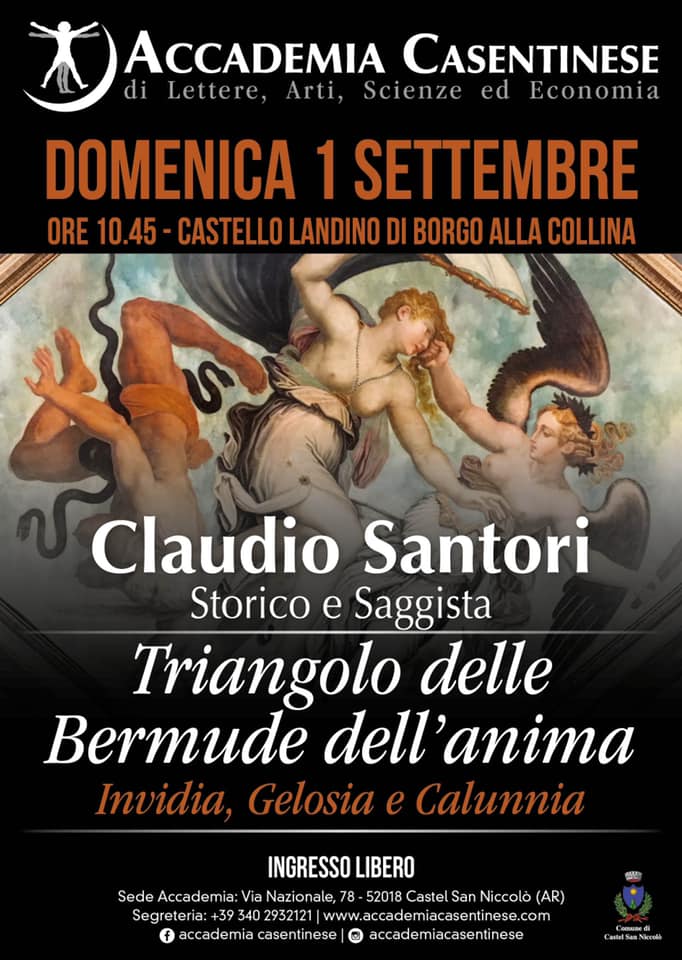 “Triangolo delle Bermude dell’anima – Invidia, Gelosia e Calunnia”: convegno dell’Accademia casentinese con Claudio Santori